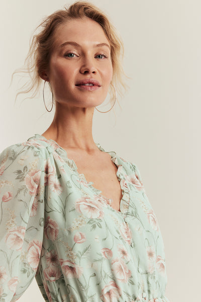 Women's green floral short chiffon dress