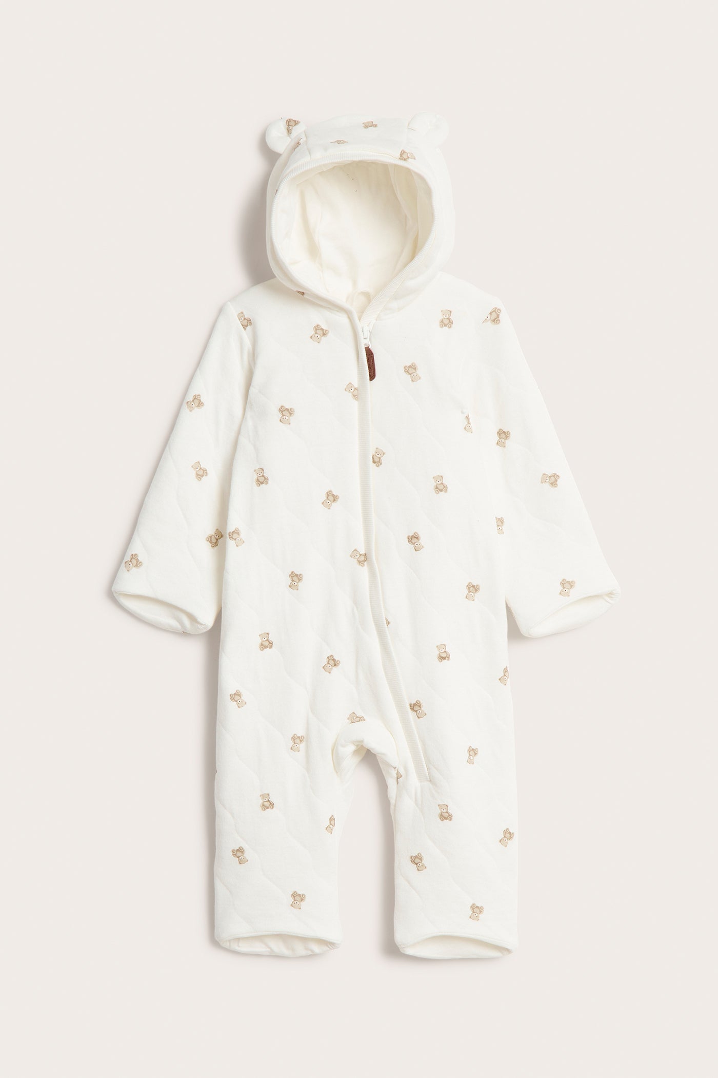 Baby white quilted hooded overall with bear print