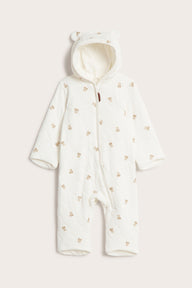 Baby white quilted hooded overall with bear print
