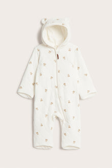 Baby white quilted hooded overall with bear print