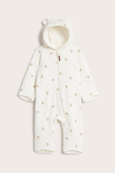 Baby white quilted bear print pramsuit