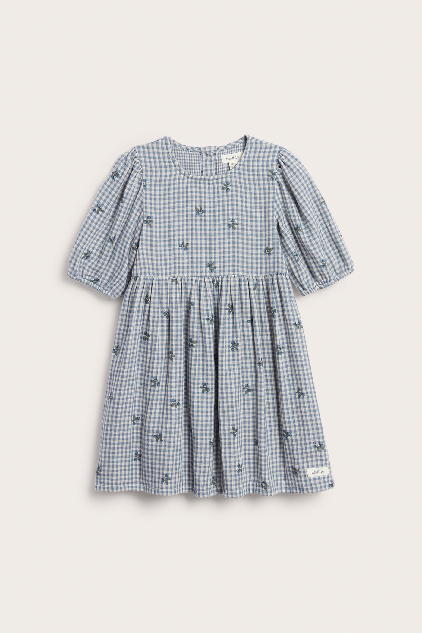 Kids’ blue checked dress with blueberries