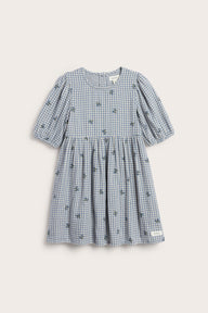 Kids’ blue checked dress with blueberries
