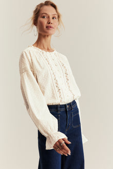 Women's white floral woven lace blouse