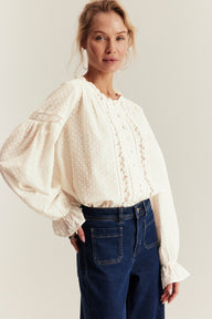 Women's white floral woven lace blouse