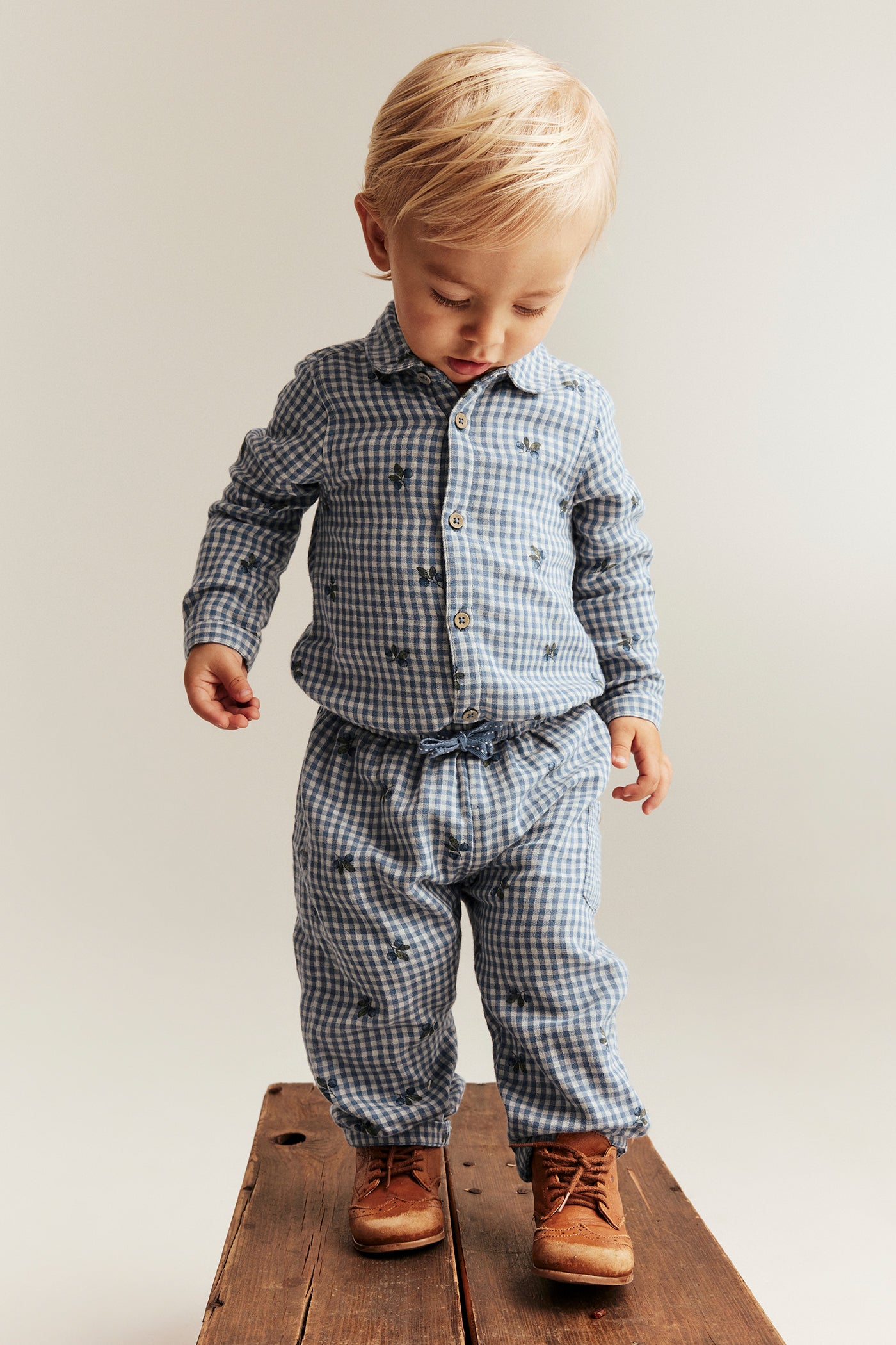 Baby blue shirt bodysuit with blueberries