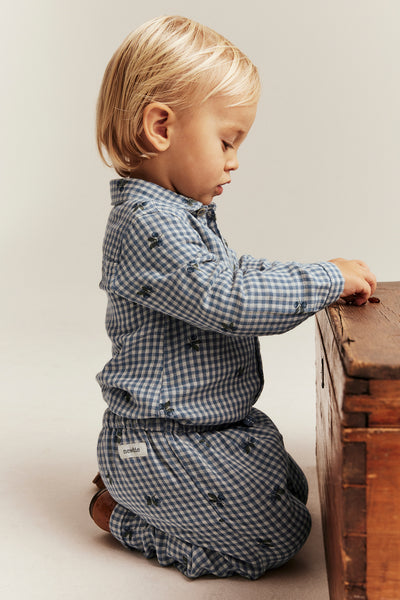 Baby blue shirt bodysuit with blueberries