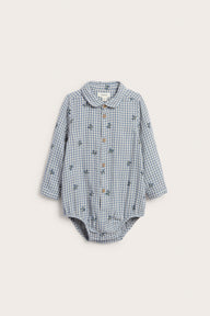 Baby blue shirt bodysuit with blueberries