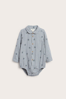 Baby blue shirt bodysuit with blueberries