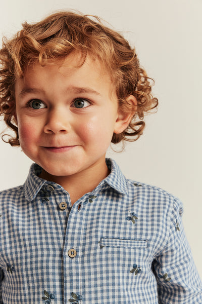 Kids’ blue checked shirt with blueberries