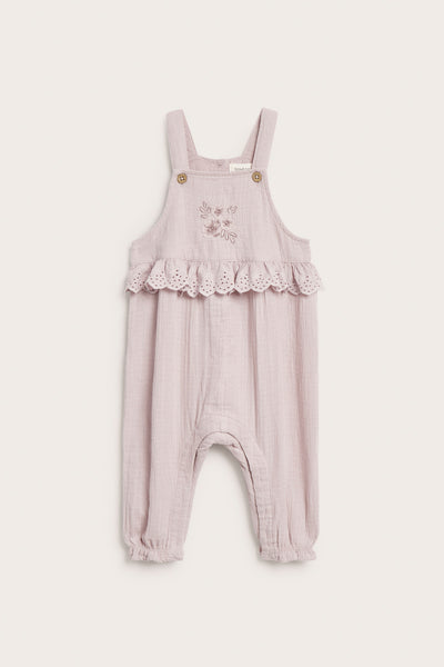 Baby purple dungarees with lace frill