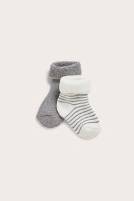 Newborn baby white/grey socks with folded cuffs