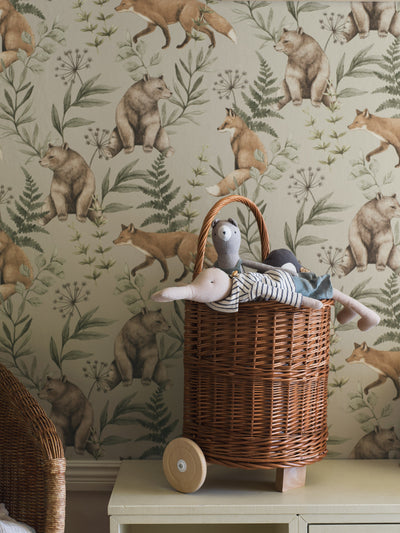 Wild Forest beige fox & bear wallpaper