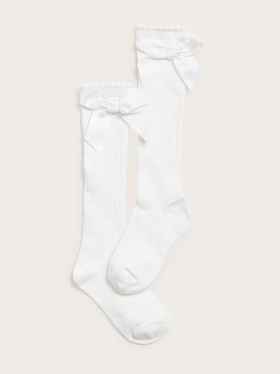 Kids white knee high bow socks