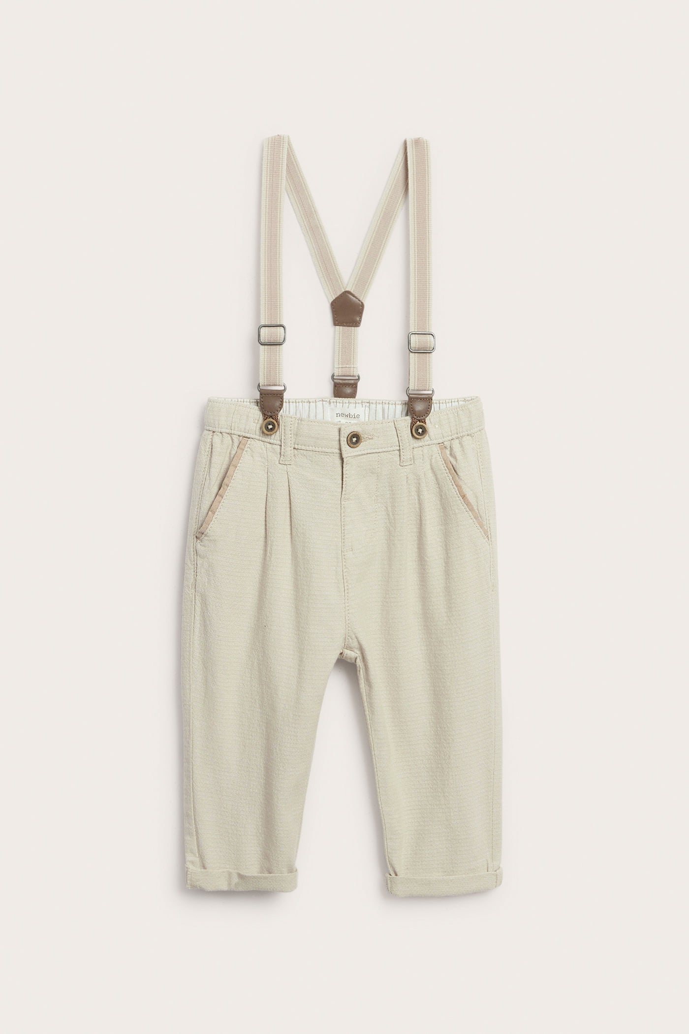 Baby beige woven trousers with suspenders