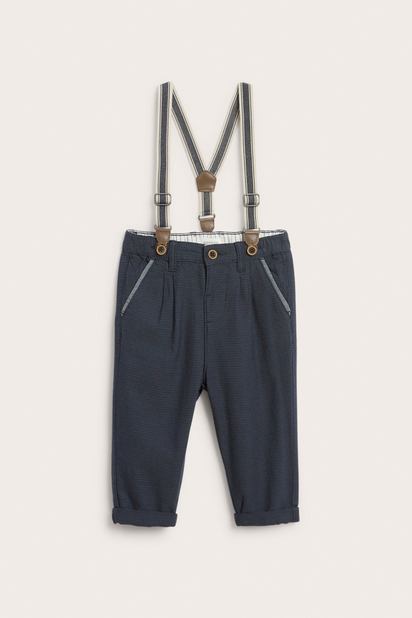 Baby blue woven trousers with suspenders