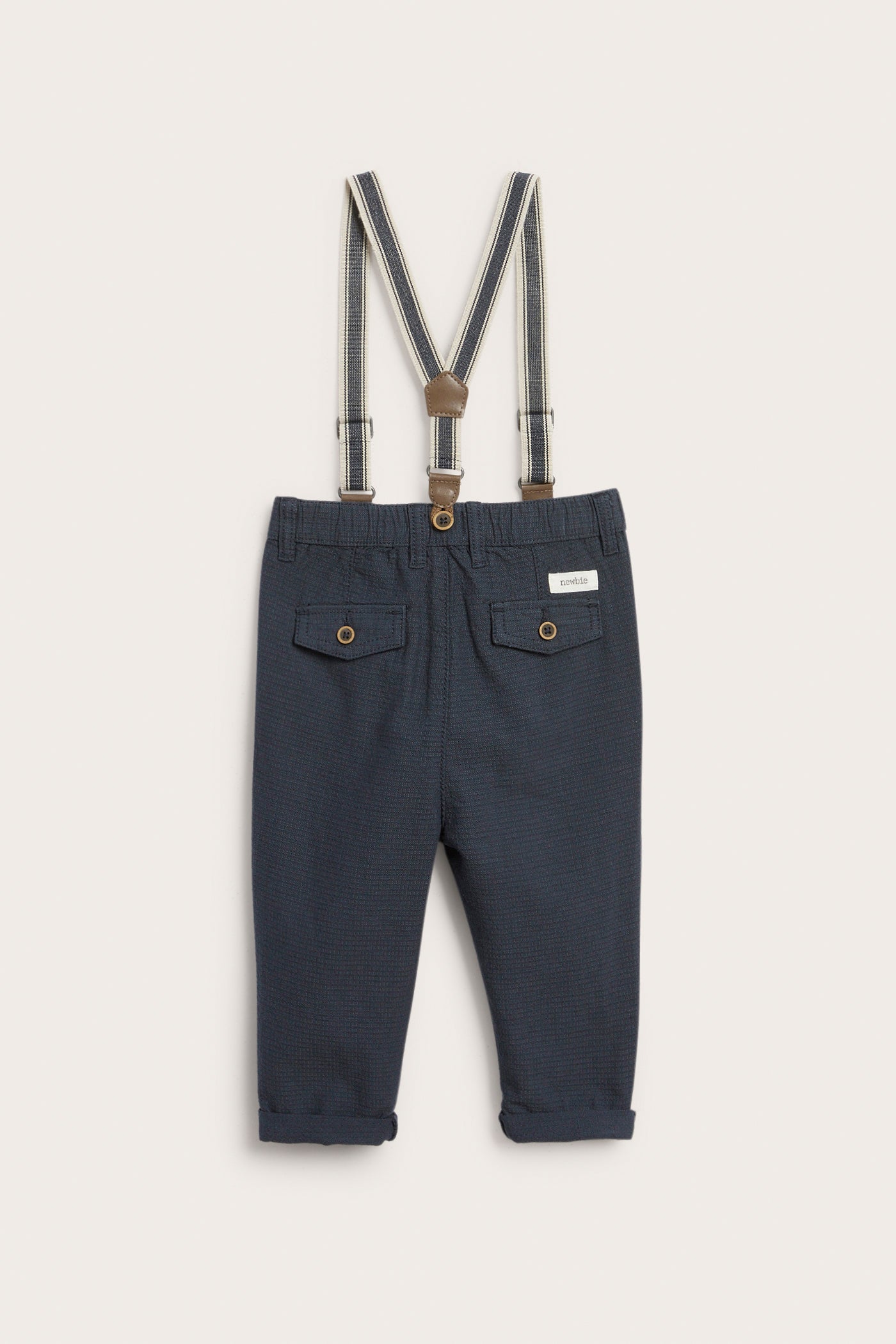Baby blue woven trousers with suspenders