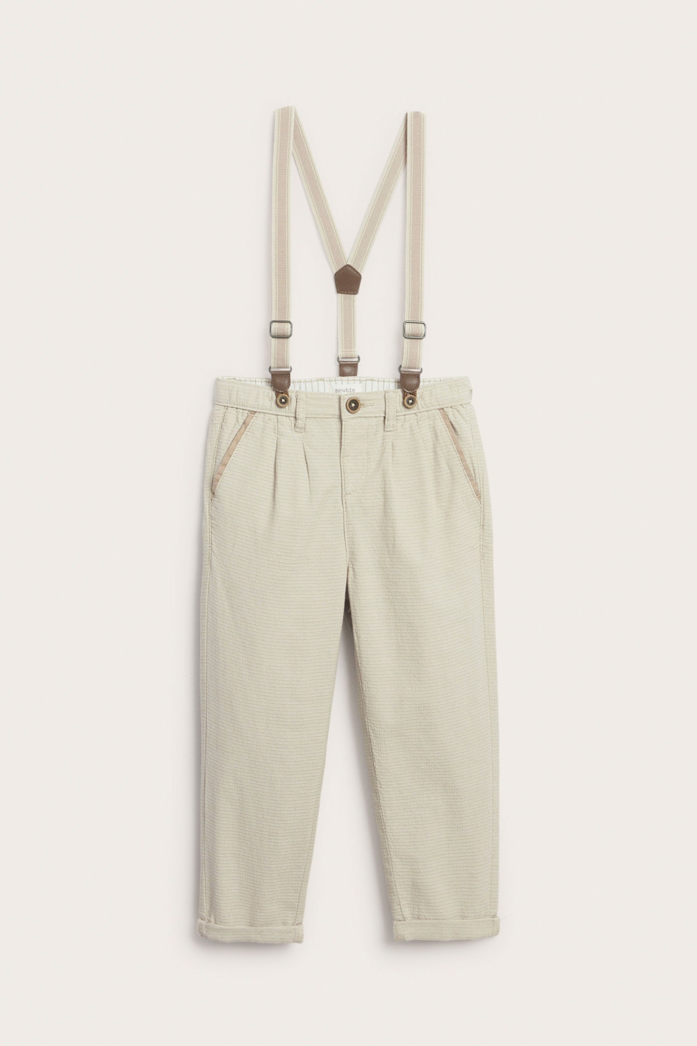 Kids beige woven trousers with suspenders