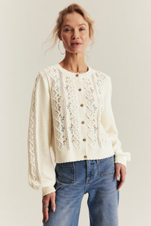 Women's white knitted cardigan with flowers