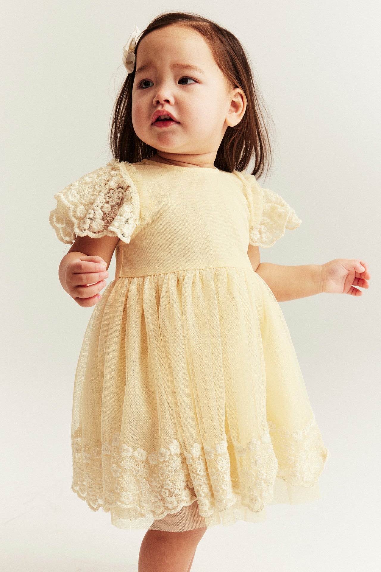 Baby yellow mesh dress with embroidery