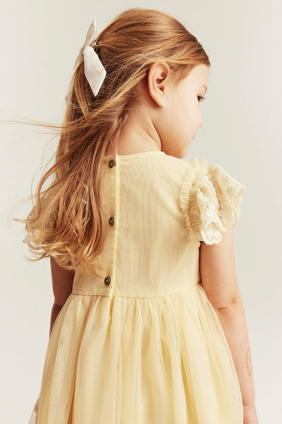 Kids yellow mesh dress with embroidery