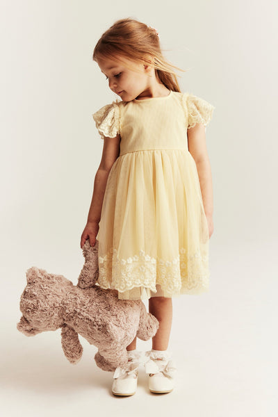 Kids yellow mesh dress with embroidery