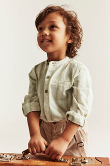 Kids green striped shirt with band collar