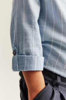 Kids blue striped shirt with band collar