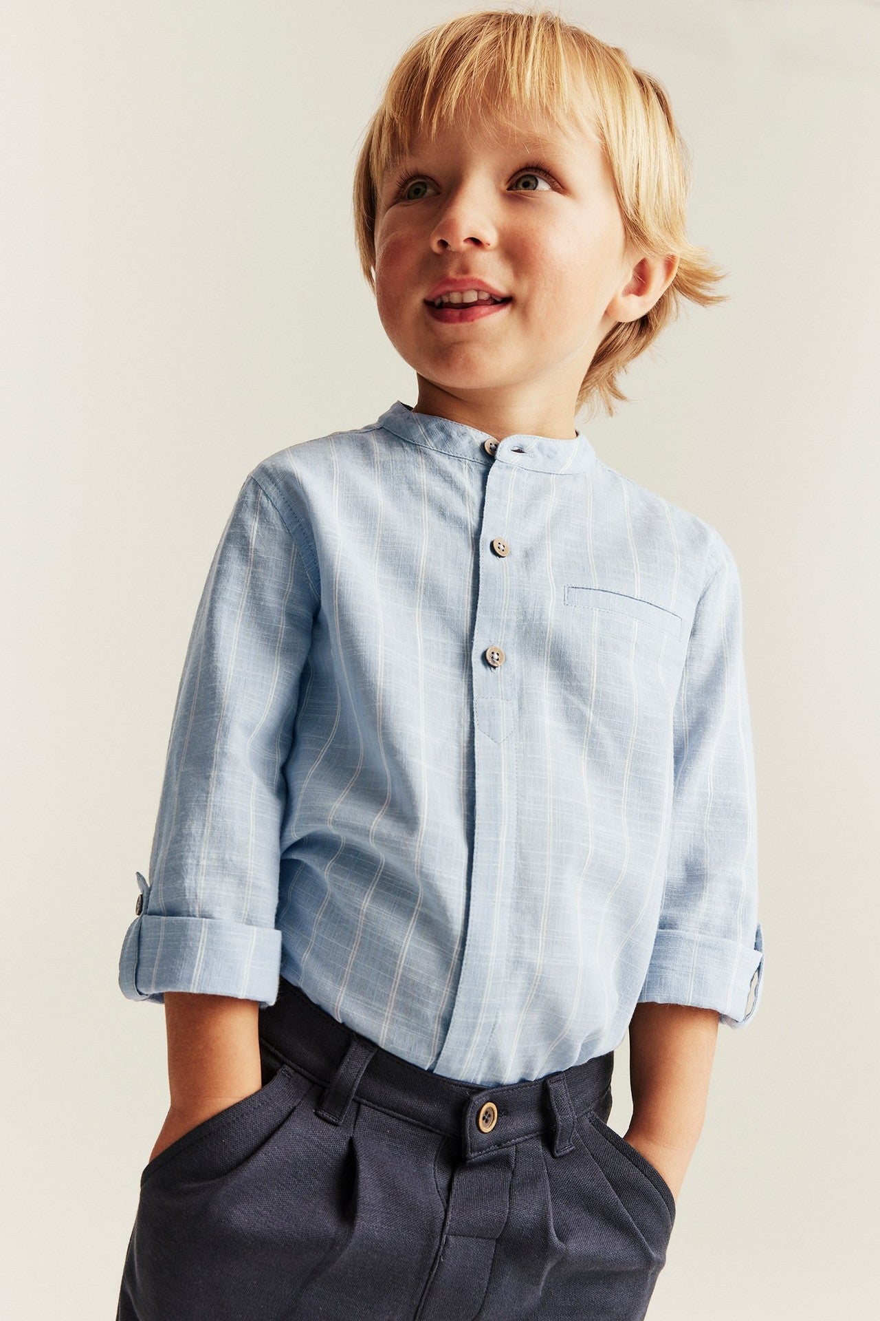 Kids blue striped shirt with band collar