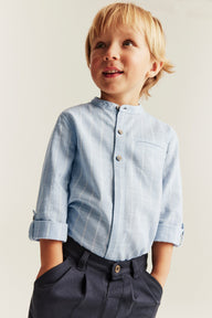 Kids blue striped shirt with band collar