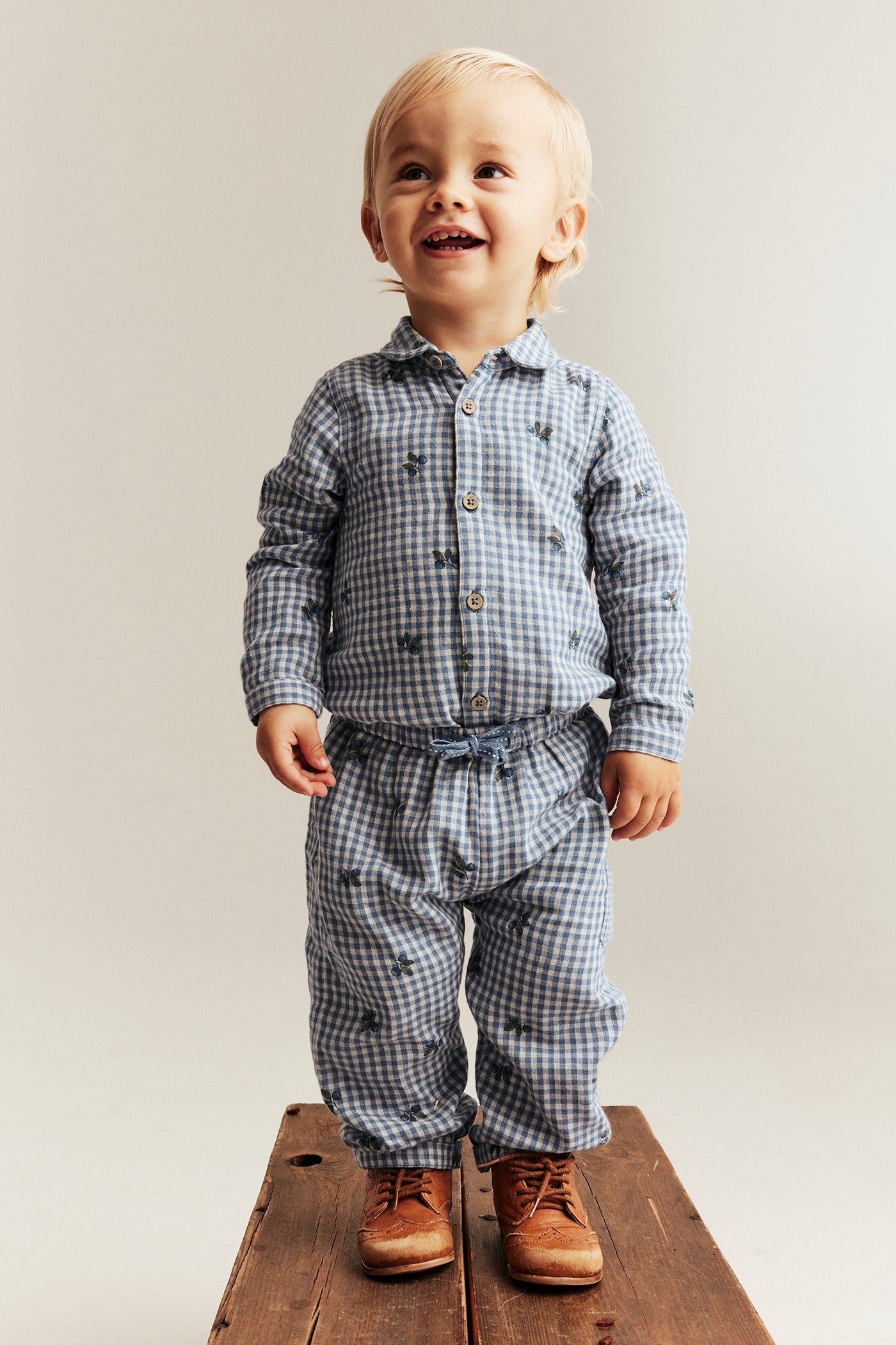 Baby blue checked trousers with blueberries