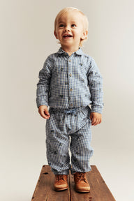 Baby blue checked trousers with blueberries