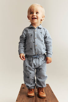 Baby blue checked trousers with blueberries