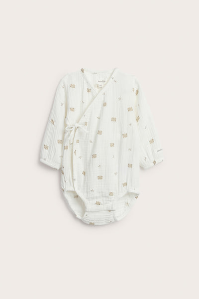 Baby white wrap-over bodysuit with bear print