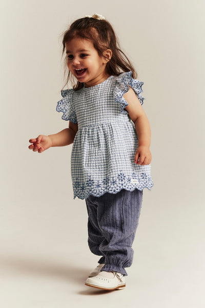 Baby checked bodysuit with frills and embroidery