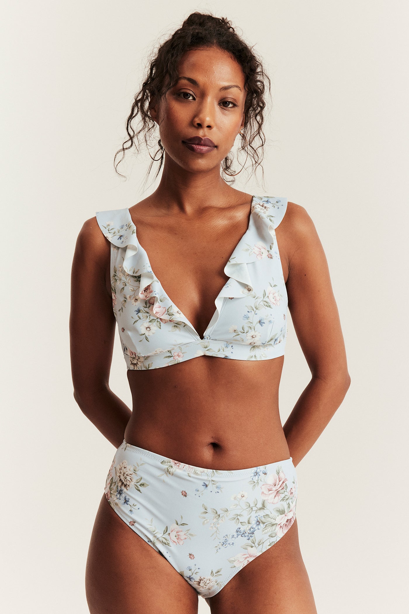 Women's blue floral frill bikini top