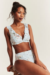 Women's blue floral frill bikini top