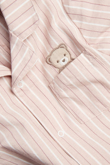 Baby pink striped sleepsuit with teddy bear