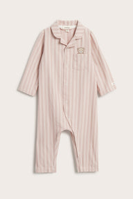 Baby pink striped sleepsuit with teddy bear