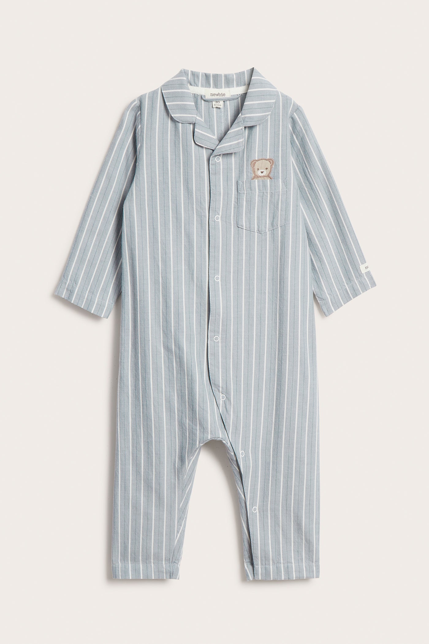 Baby blue striped sleepsuit with teddy bear
