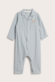Baby blue striped sleepsuit with teddy bear