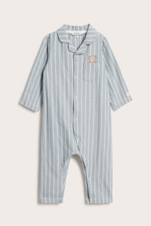 Baby blue striped sleepsuit with teddy bear