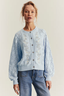 Women's blue knitted cardigan with flowers