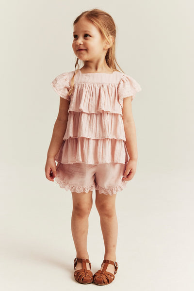 Kids pink woven shorts with frill