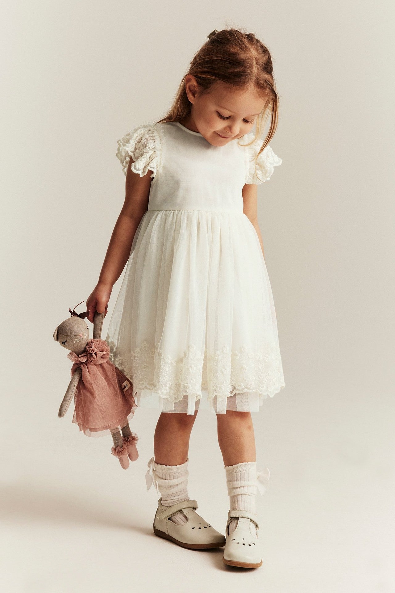 Kids white mesh dress with embroidery