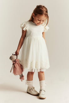 Kids white mesh dress with embroidery