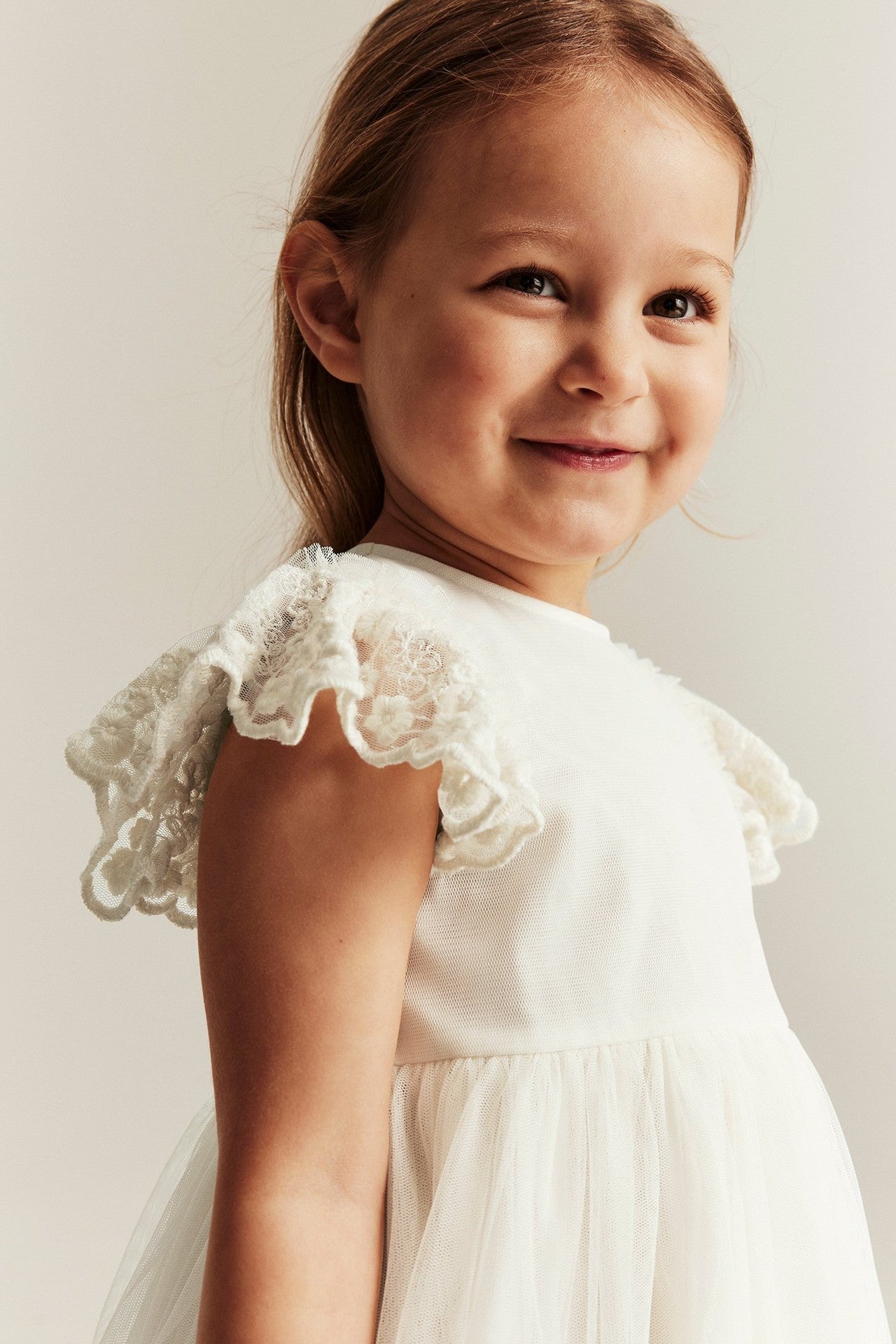 Kids white mesh dress with embroidery