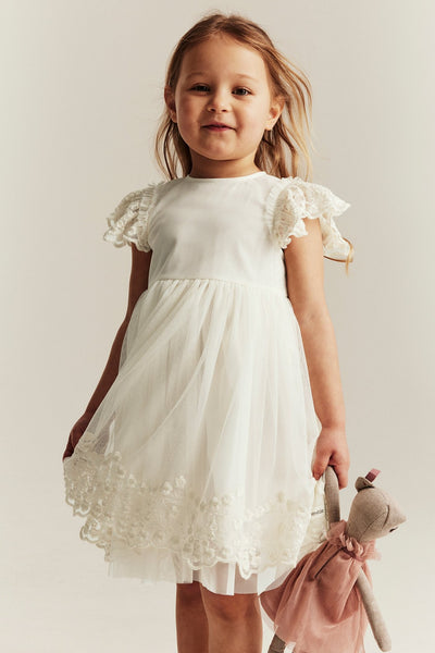 Kids white mesh dress with embroidery