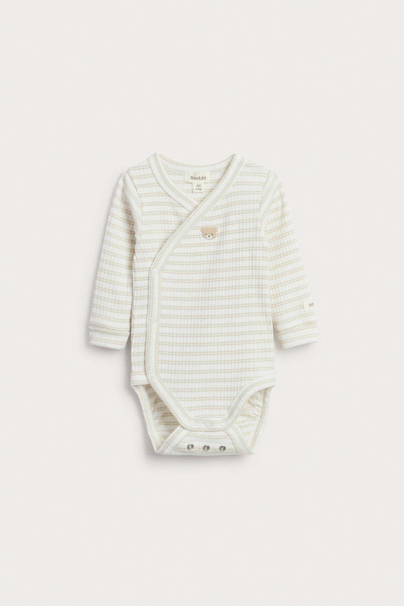 Baby beige striped wrap-over teddy bear bodysuit