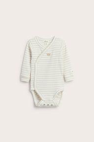 Baby beige striped wrap-over teddy bear bodysuit